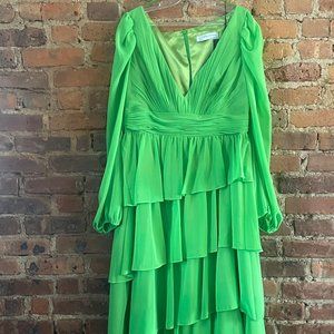 NWT Size 12 Neon Green Mac Duggal Ruffle Tiered Long Sleeve Dress
